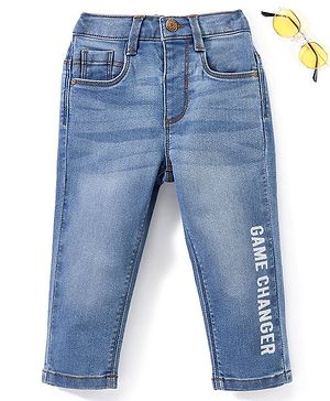 Babyhug Cotton Full Length Stretchable Denim Jeans Game Changer Text Print  With Mock Fly  - Blue