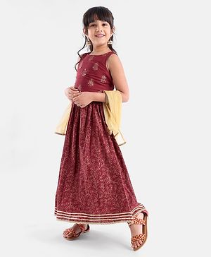 Babyhug Sleeveless Choli With Lehenga And Dupatta Floral Print- Maroon