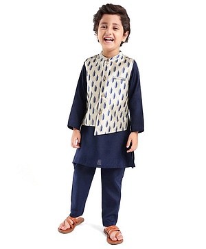 Babyhug 100% Cotton Flex Full Sleeves Kurta Pyjama Set with Waistcoat - Blue