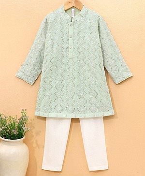 Babyhug Cotton Full Sleeves Georgette Embroidered Kurta With Solid Pyjama Set- Mint Gren