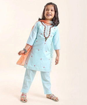 Babyhug 100% Cotton Woven Three Fourth Sleeves Floral Embroidered Kurta & Chudidar Set with Dupatta - Sky Blue