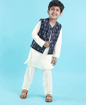 Babyhug Full Sleeves Dobby Solid Kurta and Pyjama Set with Printed Jacket - Cream