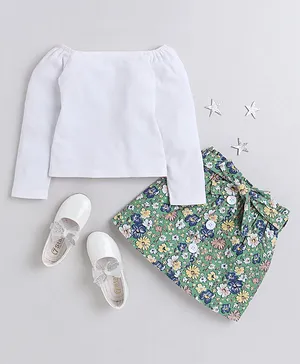 Taffy Full Sleeves Ribbed Off Shoulder Top And Floral Printed Short Corduroy Skirt - White Green