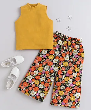 Taffy Sleeveless Textured Solid Top With Tie Up Detail Floral Printed Pant -Yellow Multicolor