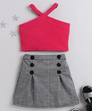 Taffy Sleeveless Textured Solid Halter Neck Crop Top And Gingham Checkered Button Detail Short Skirt -Pink Black