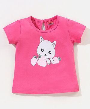 Babyhug 100% Cotton Half Sleeves Tee With Kitty Graphics- Pink