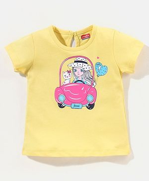 Babyhug 100% Cotton Half Sleeves Tee With Kitty & Doll Graphics- Yellow