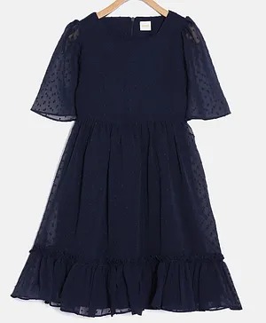 Aomi Half Bell Sleeves Fit & Flare Ruffle Detailed Hem Dobby Dress - Navy Blue