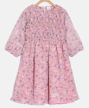 Aomi Three Fourth Sleeves Seamless Ditsy Floral Printed & Smocked Yoke Detailed Fit & Flare Dress - Peach