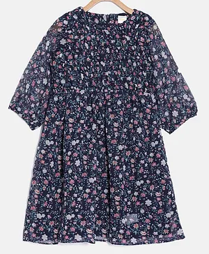 Aomi Three Fourth Sleeves Seamless Vintage Floral Printed & Smocked Yoke Detailed Fit & Flare Dress - Navy Blue