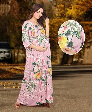 Baby Moo Three Fourth Sleeves Seamless Tropical Flower & Leaf Printed Fit & Flare Maternity Dress - Pink