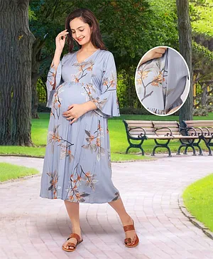 Baby Moo Three Fourth Bell Sleeves All Over Autumn Floral Printed Fit & Flare Maternity Dress - Blue