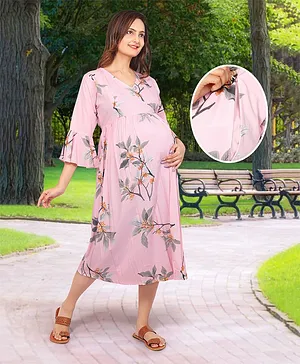 Baby Moo Three Fourth Bell Sleeves All Over Autumn Floral Printed Fit & Flare Maternity Dress - Pink