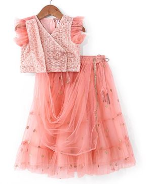 Babyhug Frill Sleeves Embroidered Overlap Choli With Net Lehenga  and Dupatta - Coral