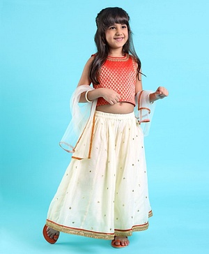 Babyhug Sleeveless Brocade Choli With Chanderi Butti Lehenga And Dupatta Set- Off White & Red Babyhug Sleeveless Brocade Choli With Chanderi Butti Lehenga And Dupatta Set- Off White & Red