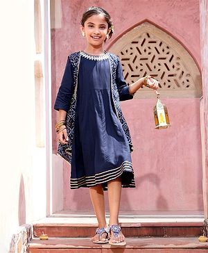 Babyhug Rayon Three Fourth Sleeves Embroidered   Ethnic Dress with Bandhani Print Jacket - Blue