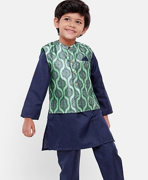 Babyhug Full Sleeves Solid Kurta and Pyjama Set with Printed Motif Print Jacket - Navy