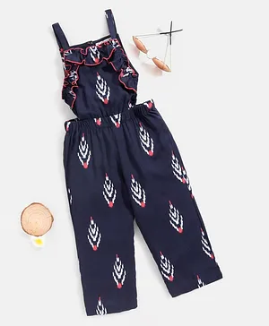 M'andy Sleeveless Frilled Abstract Printed Side Cut Detailed Jumpsuit - Navy Blue
