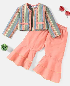 M'andy Full Sleeves Striped Design Detailed Front Open Jacket With Solid Flared & Layered Bottom Pant - Peach