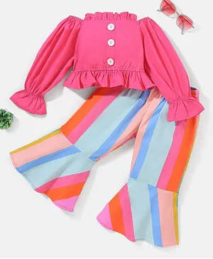 M'andy Off Shoulder Puffed Sleeves Smocked Waist Top & Abstract Art Printed Pants Set - Pink
