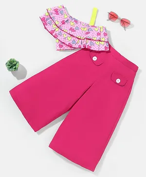 M'andy One Shoulder Flutter Sleeves Hearts With Polka Dots Printed Ruffled Top & Flared Pants Set - Magenta Pink
