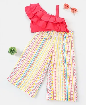 M'andy One Shoulder Sleeveless Frilled Top & Aztech Printed Pant Set - Pink