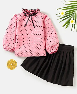 M'andy Full Sleeves Polka Dotted Top With Pleated Skirt -  Pink Black