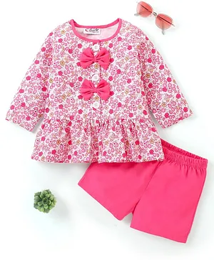 M'andy Full Sleeves Seamless Ditsy Floral Printed & Bow Embellished Top With Solid Shorts - Pink