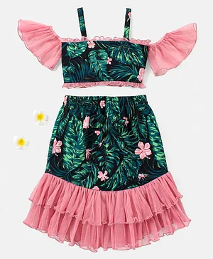 M'andy Cold Shoulder Short Frill Sleeves Seamless Tropical Forest Leaves Printed Top With Coordinating Mesh Hem Layered Skirt - Green & Pink