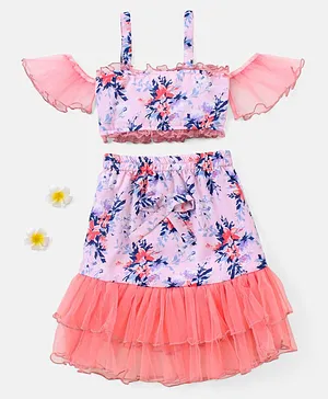 M'andy Cold Shoulder Short Frill Sleeves Seamless Cherry Blossom Theme Floral Printed Top With Coordinating Mesh Hem Layered Skirt - Peach
