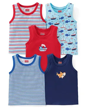 Babyhug 100 % Cotton Antibacterial Sleeveless Striped & Shark Printed Sando Pack of 5 - Red & Blue