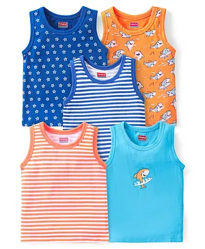 Babyhug 100 % Cotton Antibacterial Sleeveless Striped & Shark Printed Sando Pack of 5 - Blue & Orange