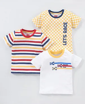 Babyhug Cotton Knit Half Sleeves Checks & Racing Cars Printed T-Shirts Pack of 3 -White & Yellow
