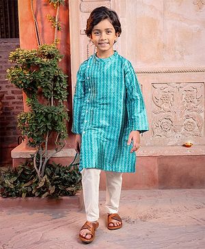 Babyhug Silk Full Sleeves Kurta & Pajama Set Digital Print - Light Blue