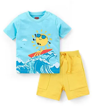 Babyhug 100% Cotton Half Sleeves Surfing Print T-Shirt & Shorts - Blue & Yellow