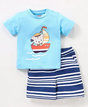 Babyhug Cotton Knit Half Sleeves T-Shirt & Shorts Set Boat Print - Navy Blue