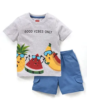 Babyhug Cotton Half Sleeves T-Shirt & Shorts Set Watermelon & Banana Print- White Melange & Blue