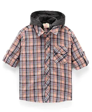 Rikidoos Full Sleeves Checkered Hooded Shirt - Peach