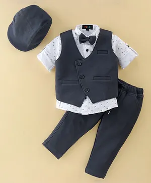 Robo Fry Full Sleeves Cotton Checkered Party Suit with Bow and Cap - Black