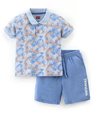 Babyhug 100% Cotton Knit Half Sleeves T-Shirt & Shorts Set Tropical Print - Blue