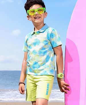 Babyhug 100% Cotton Knit Half Sleeves T-Shirt & Shorts Set Floral Print - Blue & Green