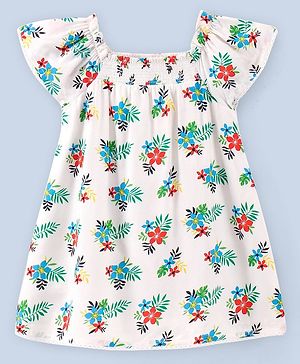 Babyhug Rayon Short Sleeves Floral Print Frock - White