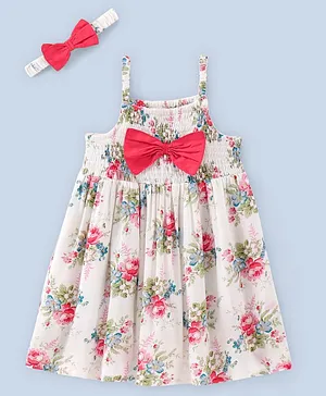 Babyhug Rayon Singlet Frock Floral with Headband - White