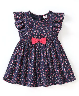 Babyhug Cotton Woven Frill Sleeves Frock with Bow Applique Floral Print - Navy