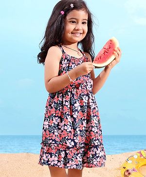 Babyhug Rayon Woven Sleeveless Frock Floral Print - Navy