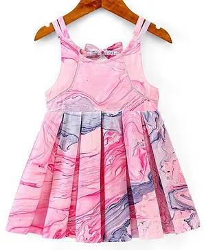 Babyhug Cotton Woven Sleeveless Frock with Bow Applique Marble Print - Pink