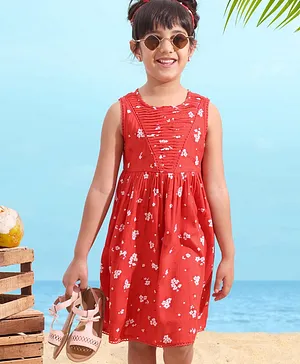 Babyhug Rayon Sleeveless Frock Floral with Headband - Red