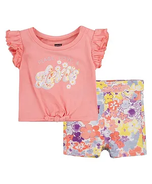 Levi's Frill Cap Sleeves Peace & Love Daisy Printed Knotted Top With Seamless Flower Printed Shorts - Pink & Multi Colour