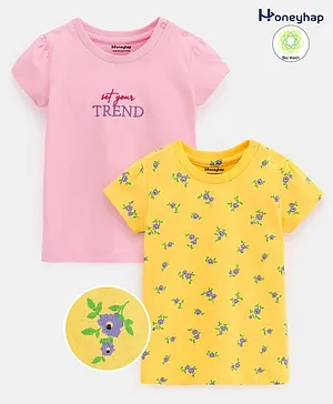 Honeyhap Premium Cotton Half Sleeves Bio Washed T-Shirt With Bio Finish Heart & Text Print Pack of 2- Almond Blossom & Snapdragon