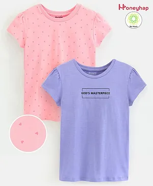 Honeyhap Premium Cotton Half Sleeves Bio Washed T-Shirt With Bio Finish Heart & Text Print Pack of 2- Glossamer Pink & Lavender